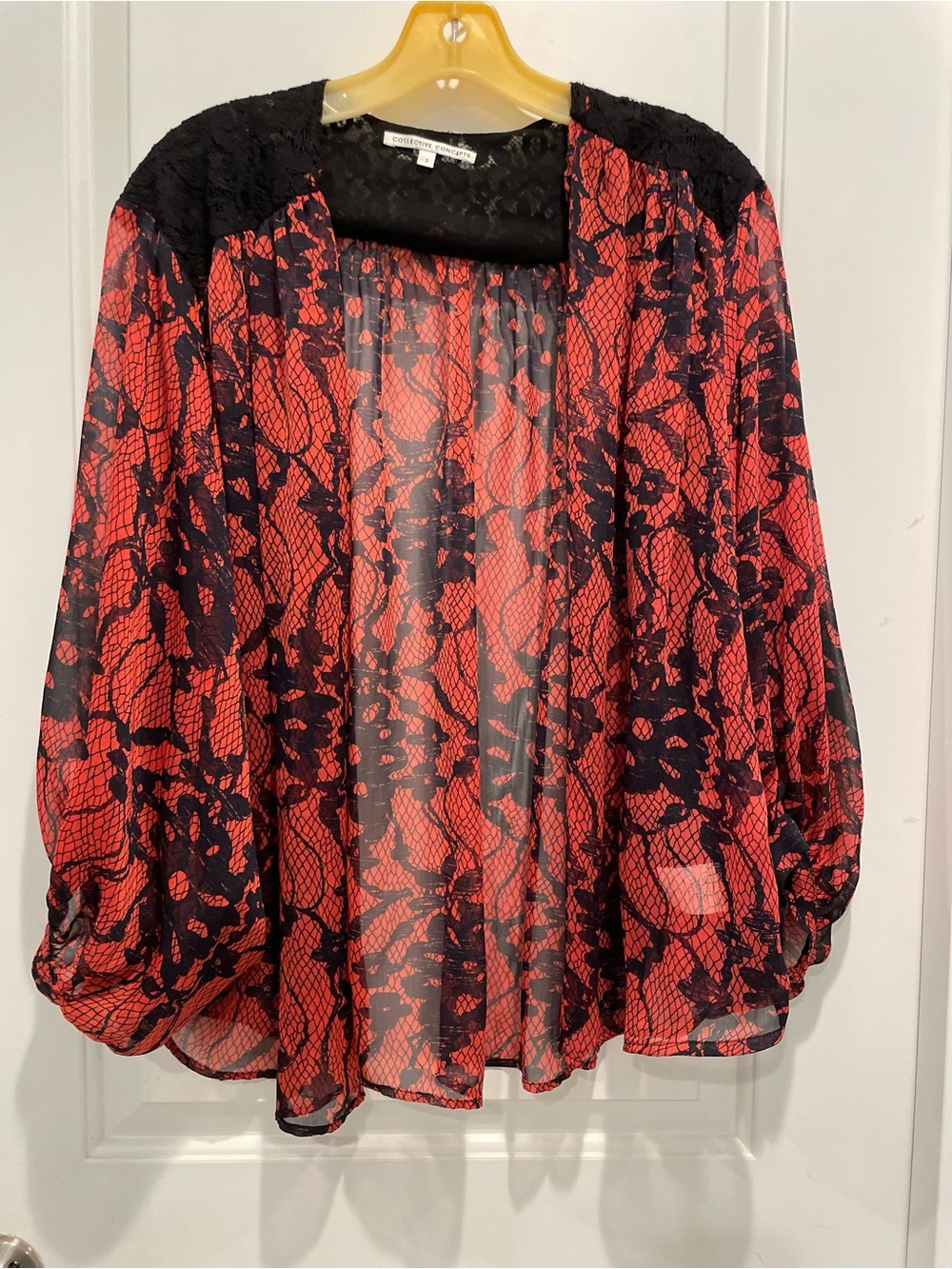 Free People Red and Black Floral Lace-Overlay Blouse